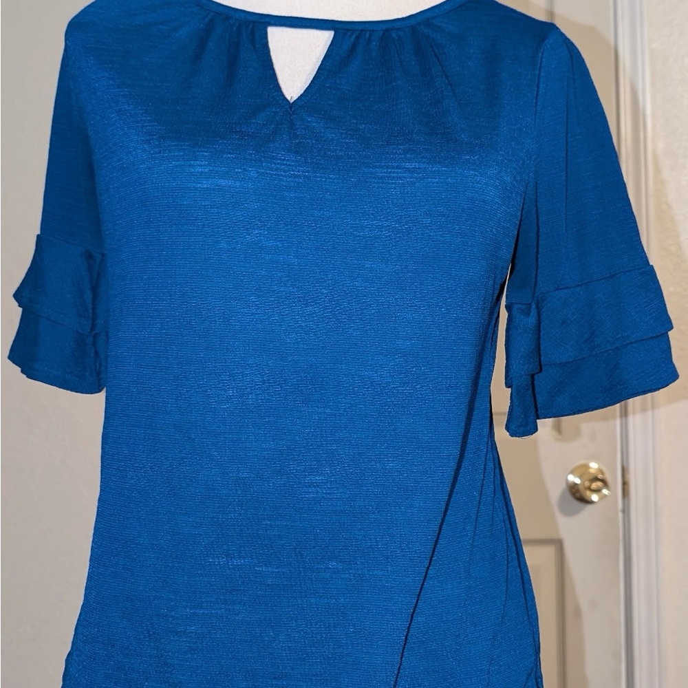 New York & Company Royal Blue Blouse with Ruffled Sleeves